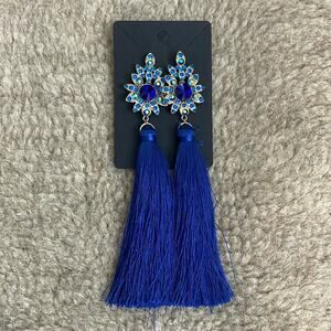 Natasha Blue Tassel Fringe Rhinestone Dangle Post Statement Earrings